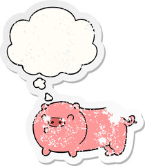 cartoon pig and thought bubble as a distressed worn sticker