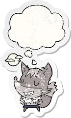 cartoon werewolf and thought bubble as a distressed worn sticker