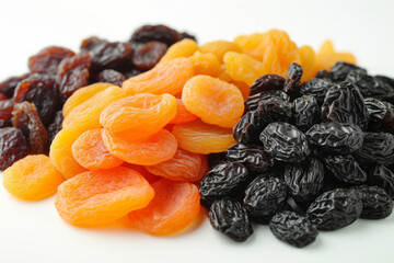 Dried apricots and raisins sultanas at the market. Naturally Dried apricots color orange. Dried apricots in the background. Mix variety of dried fruit. Heap of dried fruits.