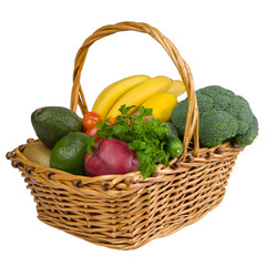 a basket of fruits and vegetables on a white background