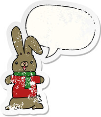 cartoon rabbit and speech bubble distressed sticker