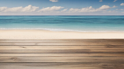 Fototapeta na wymiar Rustic wooden table with view of empty sand beach in the background 