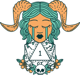 crying tiefling with natural one D20 dice roll illustration