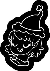 happy cartoon icon of a elf girl sitting wearing santa hat