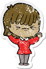 distressed sticker of a annoyed cartoon girl