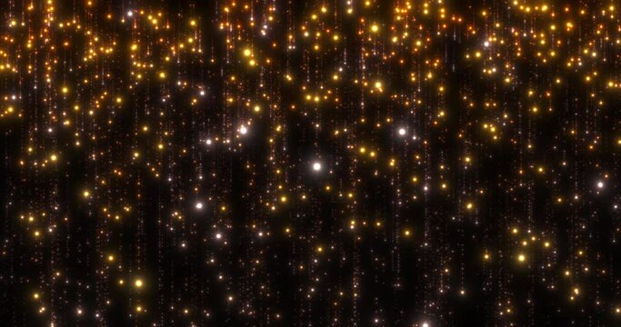 An orange wall of slowly falling rain. Orange, yellow, white particles with tails of sparkling small particles falling vertically down on a black background. Seamless looping animation.