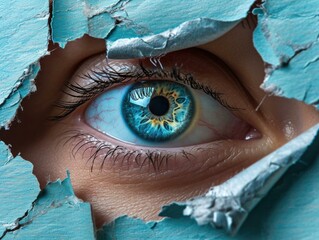 A woman's eye peeking through a hole in a wall. Generative AI.