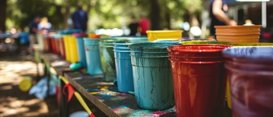Colorful buckets are lined up on a table. Generative AI.