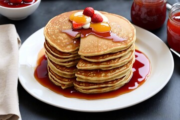 Stack of pancakes with strawberry and apricot jam on a plate