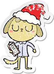cute distressed sticker cartoon of a dog wearing office shirt wearing santa hat