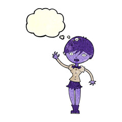 cartoon vampire girl waving with thought bubble