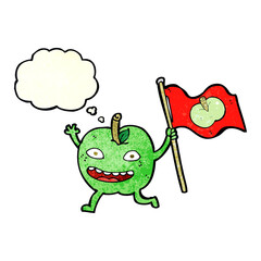 cartoon apple with flag with thought bubble