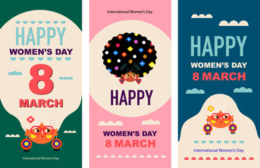 Templates for 8th march, Women's Day. Set of various women characters. Vector bright colourful collection with women's faces for holiday Women's day. 