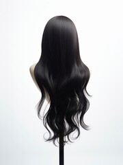 Black hair wig on a woman mannequin on white background. Black long wavy hair on dummy head, back view.