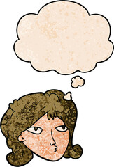 cartoon woman and thought bubble in grunge texture pattern style
