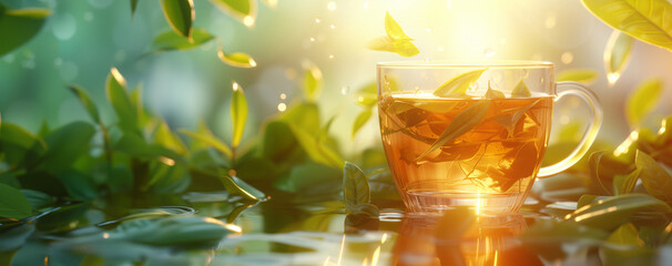 Glass cup of tea amidst fresh green leaves with morning sunlight. Wellness and lifestyle concept. Advertisement for a tea brand. Banner with copy space.