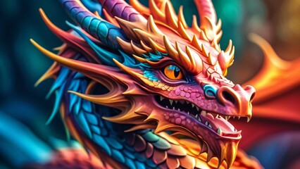 Abstractly incredible, a colorful Dragon in a wonderfully fantastical close-up; inspiring rich colors on a spectacularly bright background.