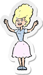 retro distressed sticker of a cartoon happy 1950s woman