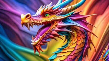 Abstractly magnificent, a colorful Dragon in an unbelievably awesome 3D; rich colors dance on a wonderfully bright background.
