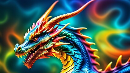 Abstractly incredible, a colorful Dragon in a wonderfully fantastical close-up; inspiring rich colors on a spectacularly bright background.