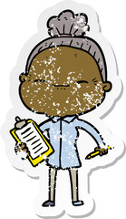 distressed sticker of a cartoon peaceful old woman