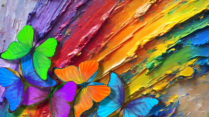 colors of rainbow. colorful brush strokes of oil paint on the canvas and tropical morpho...