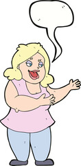 cartoon happy fat woman with speech bubble