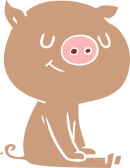 happy flat color style cartoon pig sitting