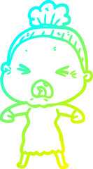 cold gradient line drawing cartoon angry old woman