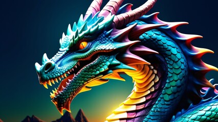 Obraz premium Abstractly incredible, a colorful Dragon in a wonderfully fantastical close-up; inspiring rich colors on a spectacularly bright background.