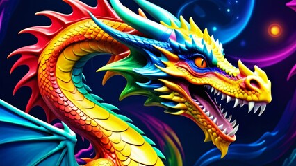 Abstractly magical, a colorful Dragon dances in an unbelievably fantastical 3D; wonderfully inspiring rich colors on a bright background.