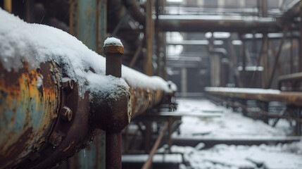 Snowy pipe in an abandoned industrial factory. Rusty metal surfaces in the background - obrazy, fototapety, plakaty