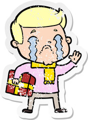 distressed sticker of a cartoon man crying