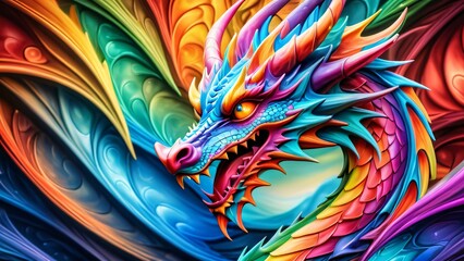 Obraz premium Abstractly magical, a colorful Dragon dances in an unbelievably fantastical 3D; wonderfully inspiring rich colors on a bright background.