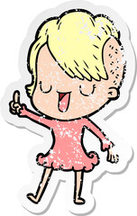 distressed sticker of a cute cartoon girl with hipster haircut
