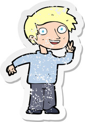 retro distressed sticker of a cartoon boy posing for photo