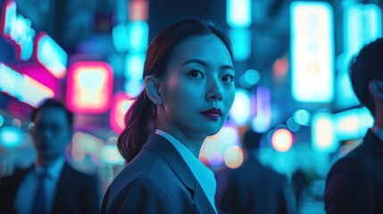 Female Businesswoman Amongst People Neon City At Night Backdrop Generative AI