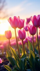 Beautiful and vibrant red tulips in the glowing sunset light - vertical composition - obrazy, fototapety, plakaty
