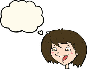 cartoon happy girl with thought bubble