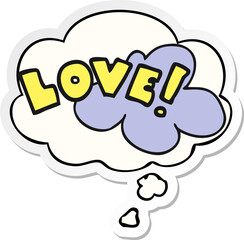 cartoon word love and thought bubble as a printed sticker