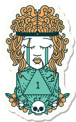 crying human barbarian with natural one D20 roll sticker