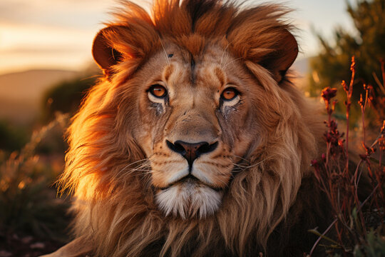 Majestic head of a wild predator in the African savanna with the reflection of the sunset in its mane. Generative Ai