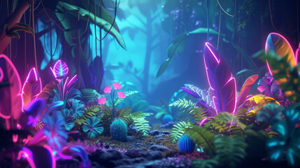Unusual plants in a magical forest at night illuminated by neon light - obrazy, fototapety, plakaty