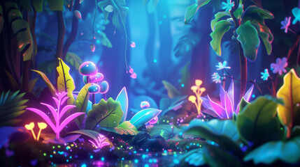 Unusual plants in a magical forest at night illuminated by neon light