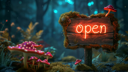wooden sign in the woods with the inscription openly illuminated with light flytrap night background