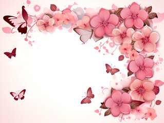 Abstract frame with pink flowers and white copy space background 