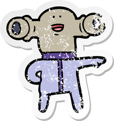 distressed sticker of a friendly cartoon alien