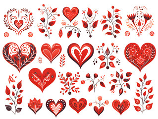 Set illustration of red hearts on white background 