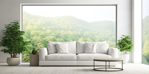 Minimalist furnishings in a bright living room with white walls and a view of a green forest.