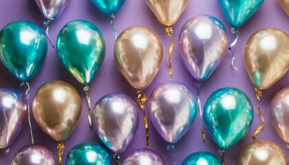 balões de aniversário textura metálica coloridos e espalhados por fundo roxo suave